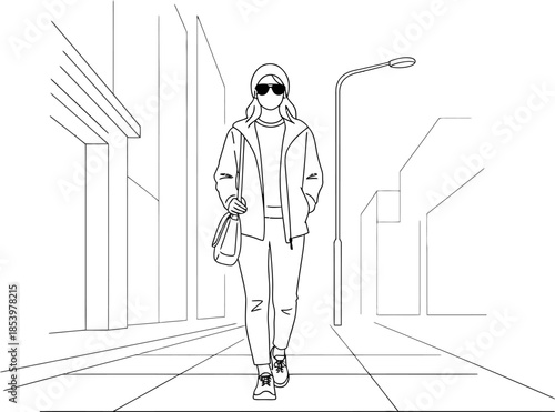 woman walking down city street with bag and sunglasses on face