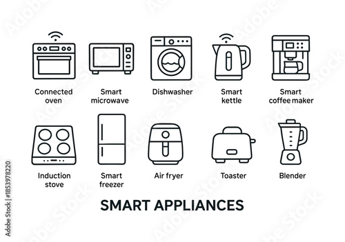 Home appliances linear icon set. featuring connected oven, smart microwave, dishwasher, smart kettle, coffee maker