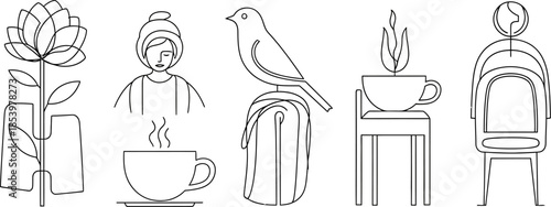 Line art illustrations of people relaxing with plants birds and coffee cups in minimalist style