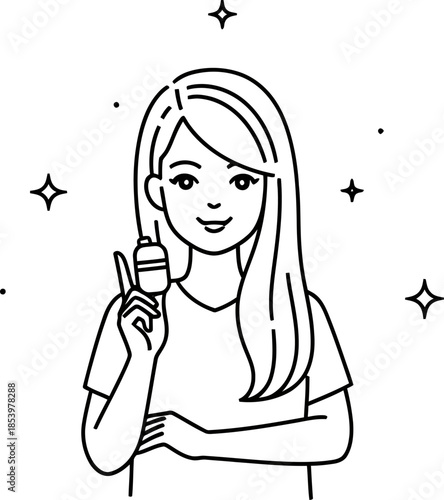 Woman holding microphone and peace sign isolated on transparent background