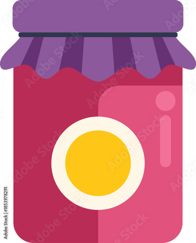 Glass jar with purple ruffled lid and yellow label containing apricot jam, isolated on white background