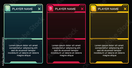 Modern cyber game trading card templates with an three color. Customizable vector design for TCG, RPG, and character cards. Features slots for player name and description.