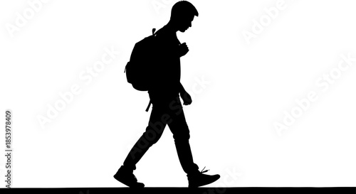 man walking with backpack on shoulder holding phone in hand