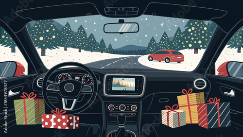 Couple driving through snowy landscape with gifts in car