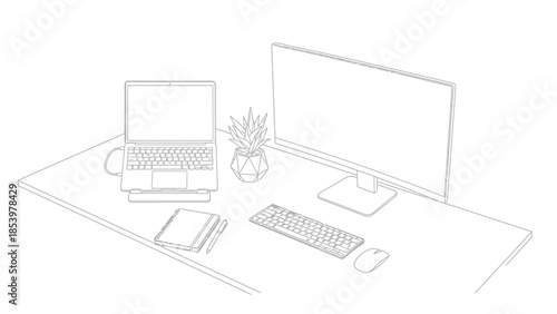line drawing of a desk with computer and office supplies  modern workspace
