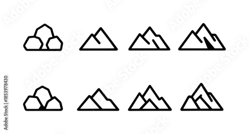 Geology and nature linear icons set. featuring rock, mountain, and peak symbols