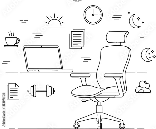 Office workspace with laptop and chair and various productivity symbols around