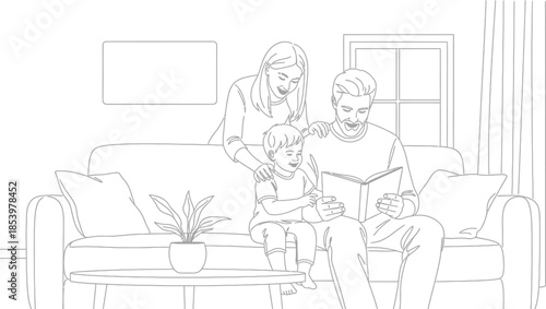 family sitting on couch reading book together in living room with plant