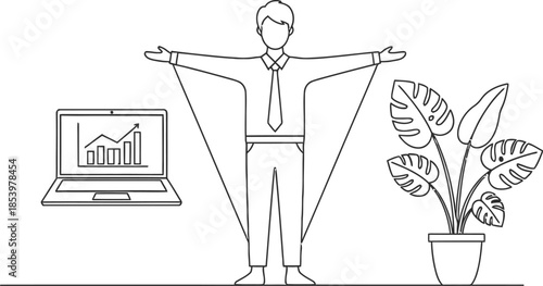 Businessman presenting data on laptop with plant in office setting