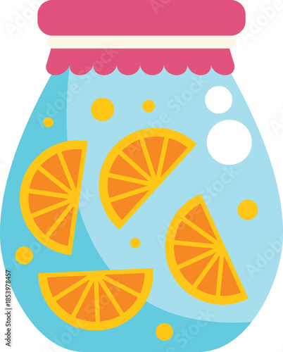 Preserving orange slices in a glass jar with a decorated pink lid, showcasing a homemade citrus fruit preservation