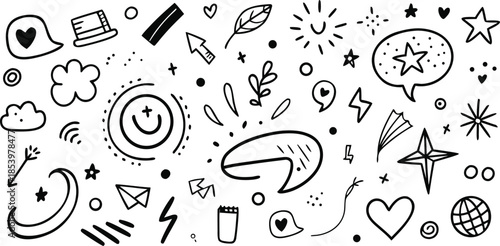Whimsical doodle collection featuring celestial and emoticon elements