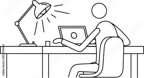 person sitting at a desk with a laptop and a lamp on it