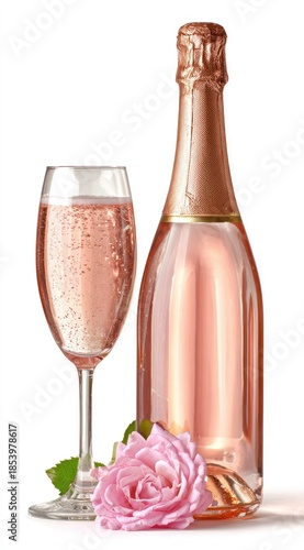 Elegant rose wine bottle and glass with rose isolated on white