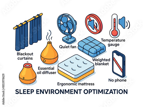 Sleep environment flat icon set. featuring blackout curtains, quiet fan, temperature gauge, essential oil diffuser
