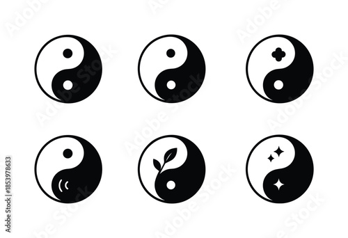 Yin yang silhouette icon set. featuring traditional, floral, technology, sparkling, peaceful, plant symbols