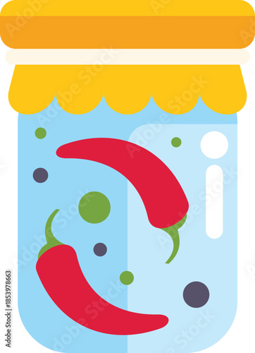 Glass jar preserving chili peppers with spices, ideal for representing homemade food or canning