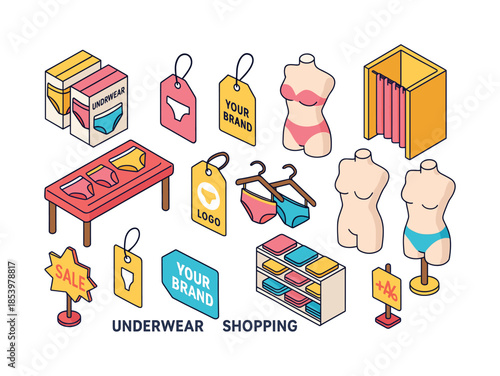 Shopping silhouette icons set. featuring tags, mannequins, dressing room, sale, underwear, and shelves