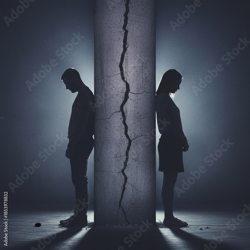 Silhouettes of a man and a woman turning away from each other, separated by a wall. The couple is facing separation, relationship crisis, emotional distance, feeling of loneliness and divorce