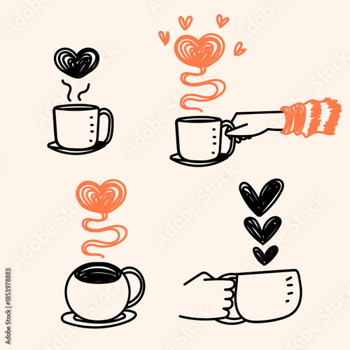 hand drawn doodle hand holding hot drink cup with love heart steam symbol illustration in cartoon style