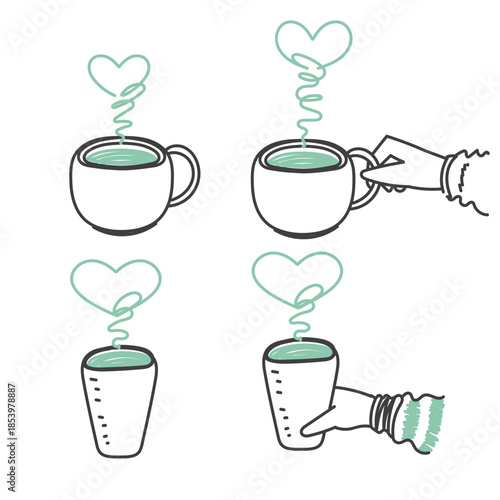 hand drawn doodle hand holding hot drink cup with love heart steam symbol illustration in cartoon style