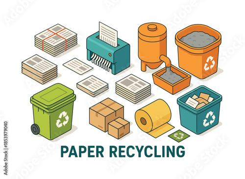 Recycling process flat icon set. featuring paper stack, shredder, deinking, pulping, recycling bin, and composting.