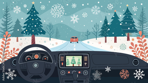 Driving through snowy landscape with Christmas trees on a winter road
