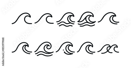 Wave patterns linear icon set. featuring tidal, ocean, sea, surf, curl, and crest symbols