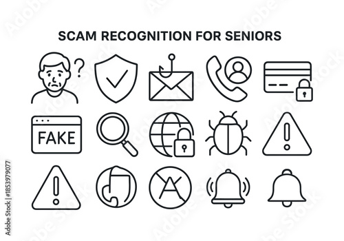 Scam awareness linear icon set. featuring senior, phishing, call, fake website, alert, shield, and virus symbols