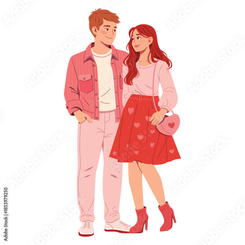 Vector illustration of loving couple for Valentine’s Day. Modern flat style, romance, couple in love. Young people on Valentine day. Perfect for greeting cards, posters, social media, website