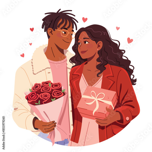 Vector illustration of loving couple for Valentine’s Day. Modern flat style, romance, couple in love. Young people on Valentine day. Perfect for greeting cards, posters, social media, website