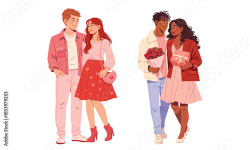 Vector illustration of loving couples for Valentine’s Day. Modern flat style, romance, couple in love. Young people on Valentine day. Perfect for greeting cards, posters, social media, website