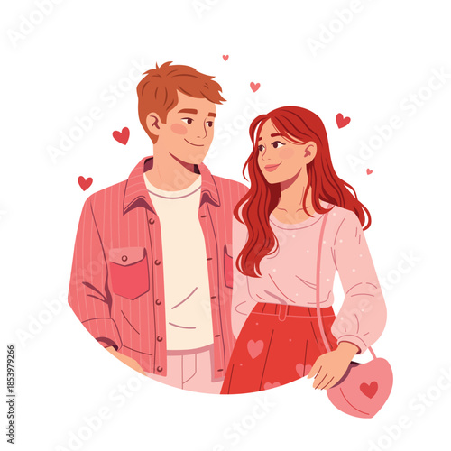 Vector illustration of loving couple for Valentine’s Day. Modern flat style, romance, couple in love. Young people on Valentine day. Perfect for greeting cards, posters, social media, website