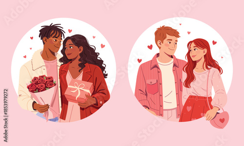 Vector illustration of loving couples for Valentine’s Day. Modern flat style, romance, couple in love. Young people on Valentine day. Perfect for greeting cards, posters, social media, website
