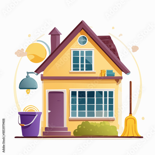 Charming Yellow House with Cleaning Supplies, Ready for a Fresh Start on a Sunny Day