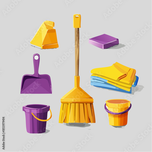 Collection of household cleaning tools including a broom, dustpan, bucket, and cleaning cloths on a plain background
