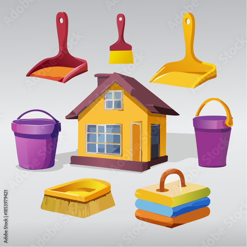 Cartoon illustration of cleaning supplies and a house, promoting home maintenance and tidiness