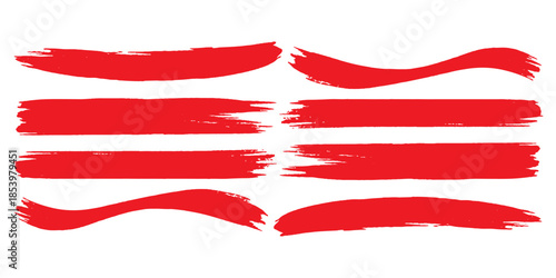 Straight red ink vector lines pack. Bloody color long and round hand-drawn brushstroke text highlights, frames, circles. Asian calligraphy modern
