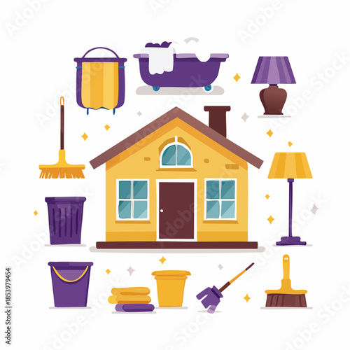 Home cleaning services and supplies illustration, featuring house, tools, and accessories for domestic upkeep and tidiness