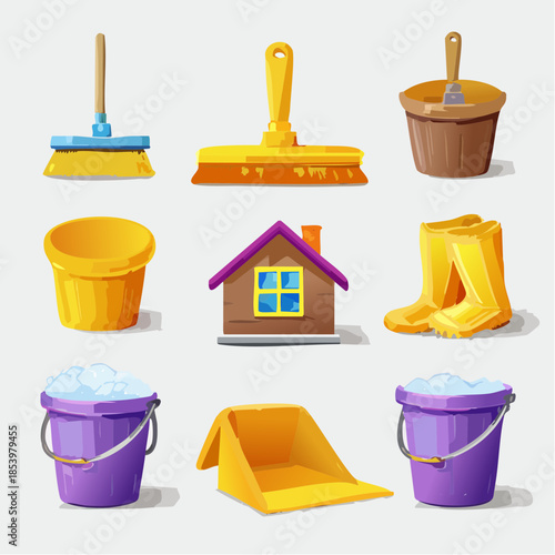 A vibrant collection of cartoonish illustrations showcasing essential household cleaning tools and equipment for maintaining a tidy home environment and efficient daily chores