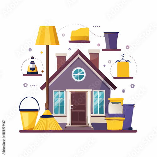 Creative illustration of a house surrounded by cleaning supplies and tools, symbolizing home maintenance and tidiness