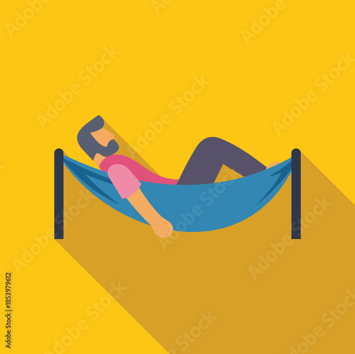 Bearded man lying in blue hammock, enjoying leisure time on yellow background