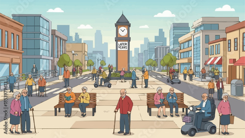 Elderly people enjoying a sunny day in a pedestrianized city square with a clock tower.