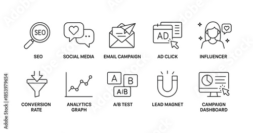 Digital marketing linear icon set. featuring seo, social media, email campaign, ad click, influencer symbols