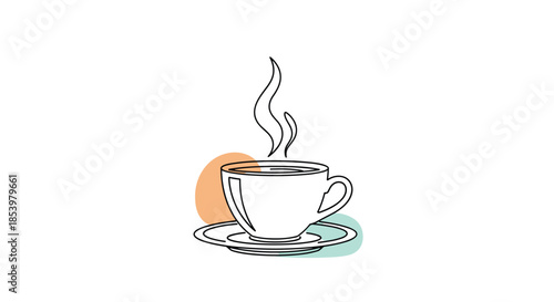 A minimalist continuous line drawing of a steaming coffee cup and saucer with abstract pastel color spots in the background for a modern cafe logo.