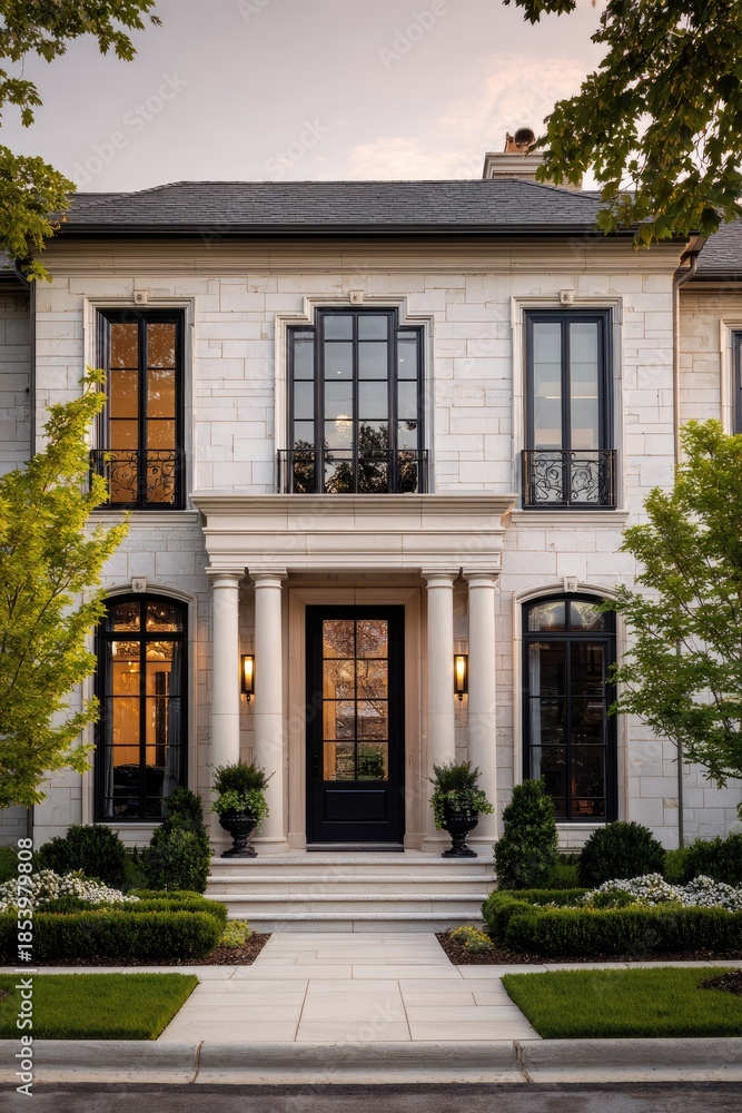 Fototapeta premium Elegant two story home with black doors and windows in natural light