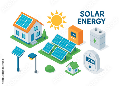 Solar energy isometric icon set. featuring house, panel, sun, battery, meter, and grid symbols