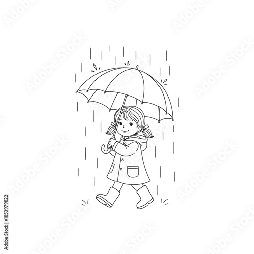 Line Drawing of a Girl Walking in the Rain with an Umbrella Keywords: child, girl, walking, rain