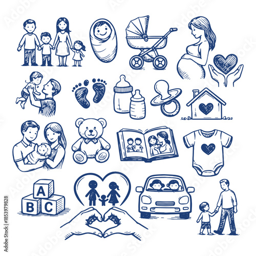 Family and Baby Care Line Art Icon Set with Parenthood, Childhood, and Daily Life Symbols in Hand Drawn Monochrome Vector Illustration