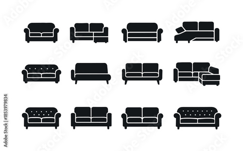 Furniture silhouette icon set. featuring sofa, couch, loveseat, sectional, armchair, and lounge chair symbols.