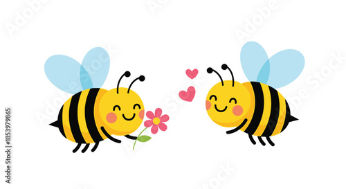 Two adorable cartoon bees in love with one bee offering a pink flower to the other surrounded by floating hearts on a white background.